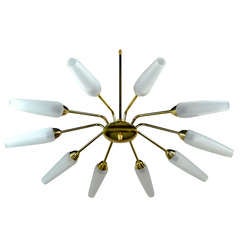 Brass and Frosted Glass Italian Chandelier