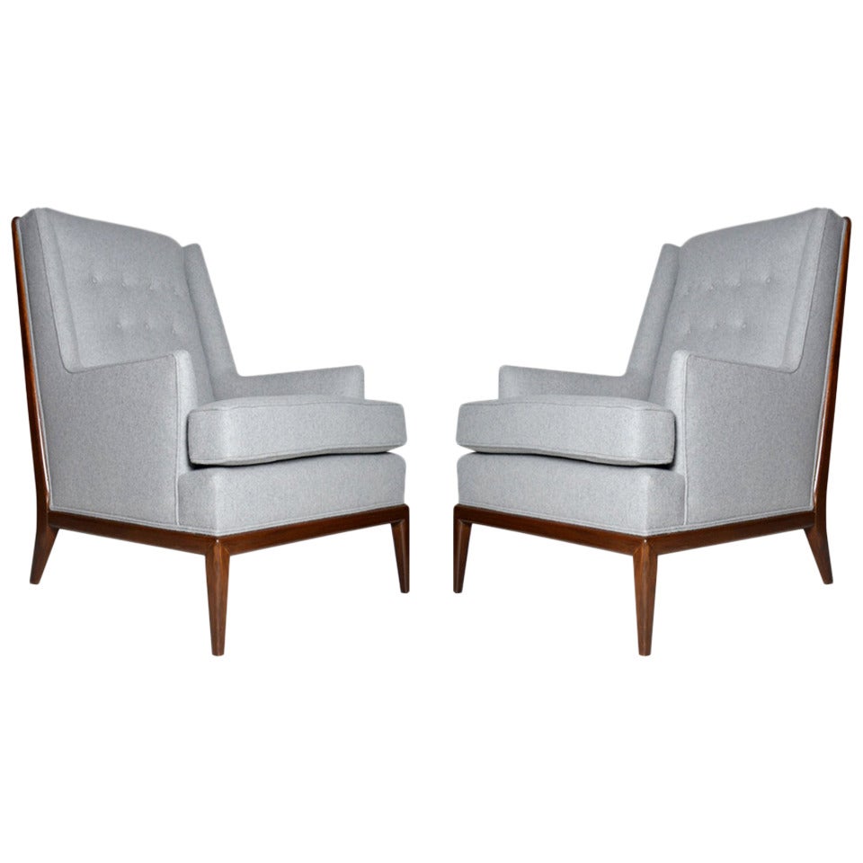Pair of Walnut Framed T.H. Robsjohn-Gibbings Club Chairs in Grey Wool