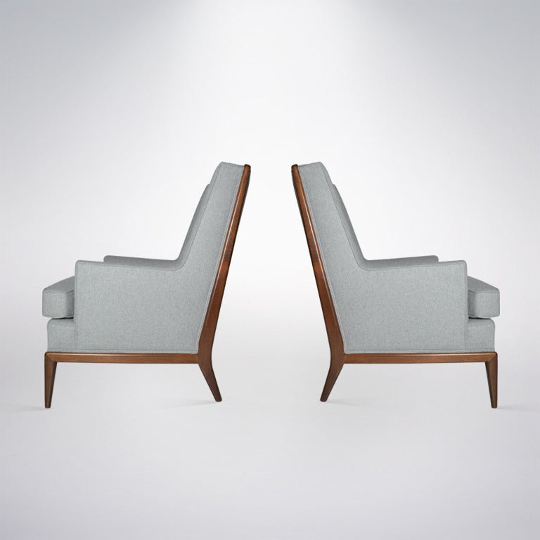 Mid-Century Modern Pair of Walnut Framed T.H. Robsjohn-Gibbings Club Chairs in Grey Wool