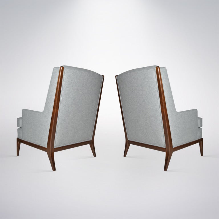 American Pair of Walnut Framed T.H. Robsjohn-Gibbings Club Chairs in Grey Wool