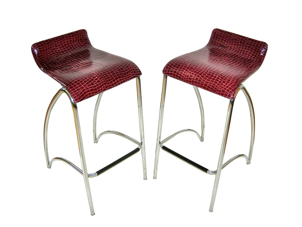 American Mid-century Cantilevered Bar Stools in Embossed Lamb Skin