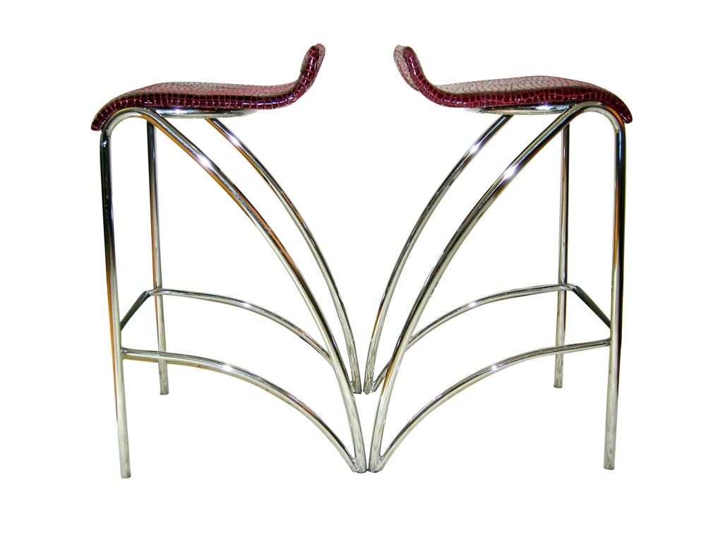 20th Century Mid-century Cantilevered Bar Stools in Embossed Lamb Skin
