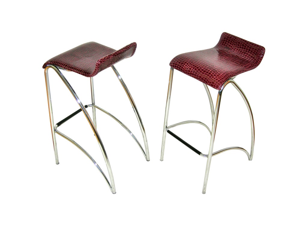 Chrome Mid-century Cantilevered Bar Stools in Embossed Lamb Skin