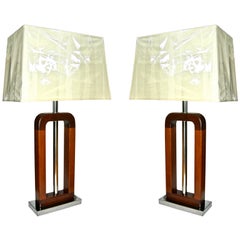Pair of Modernist Sculptural  Chrome - Oak 
Walnut Table Lamps