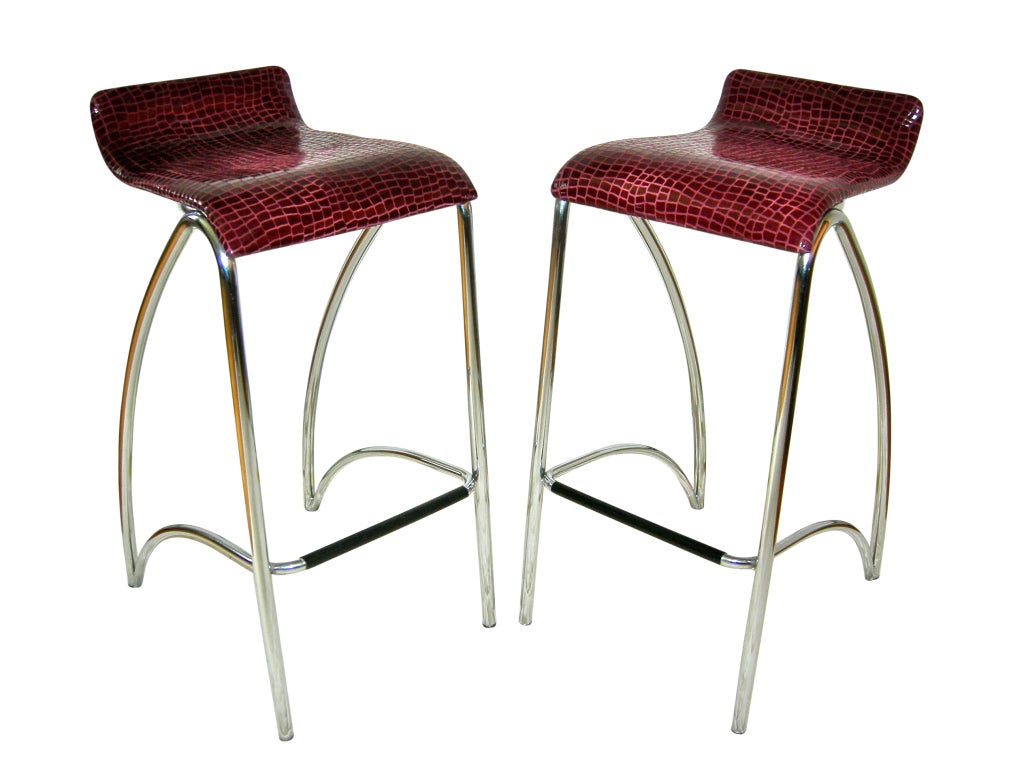 Mid-century Cantilevered Bar Stools in Embossed Lamb Skin 3