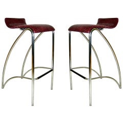 Mid-century Cantilevered Bar Stools in Embossed Lamb Skin