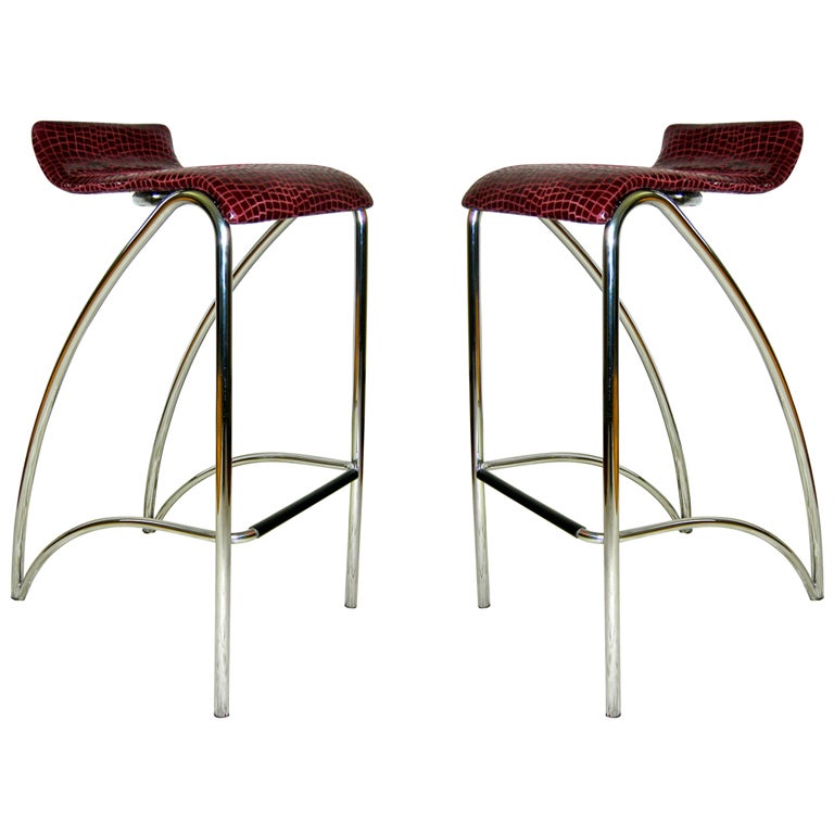 Mid-century Cantilevered Bar Stools in Embossed Lamb Skin