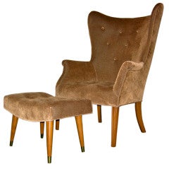 Vintage Cinnamon Velvet Wingback Chair & Footstool