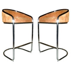 Cantilevered Bar Stools in Embossed Leather - Milo Baughman