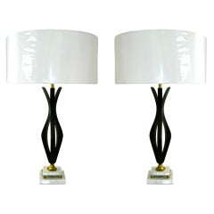 Ebonized Kagan Style Marble Base Table Lamps