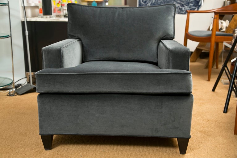 A vintage 1960's Slate Gray Velvet club chair newly upholstered having classic set back square arms and tapered wood foot.