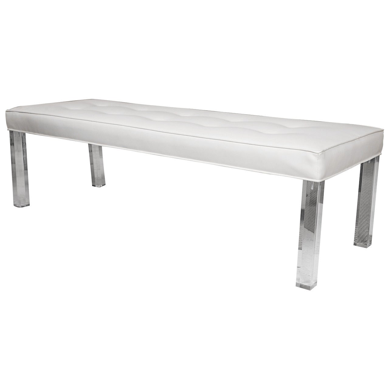 Mid-Century Lucite Tufted White Vinyl Bench For Sale