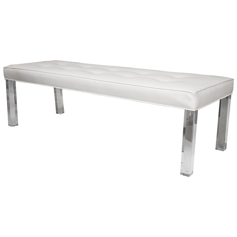 MidCentury Lucite Tufted White Vinyl Bench For Sale at 1stDibs