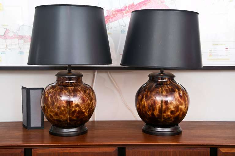 Vintage Pair Of Tortoise Glass Lamps With Custom Shades.