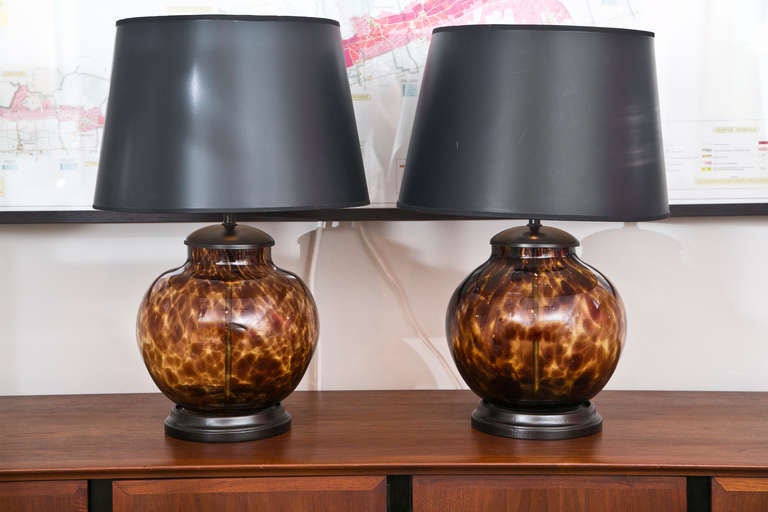 Mid-Century Modern Vintage Pair Of Tortoise Glass Lamps