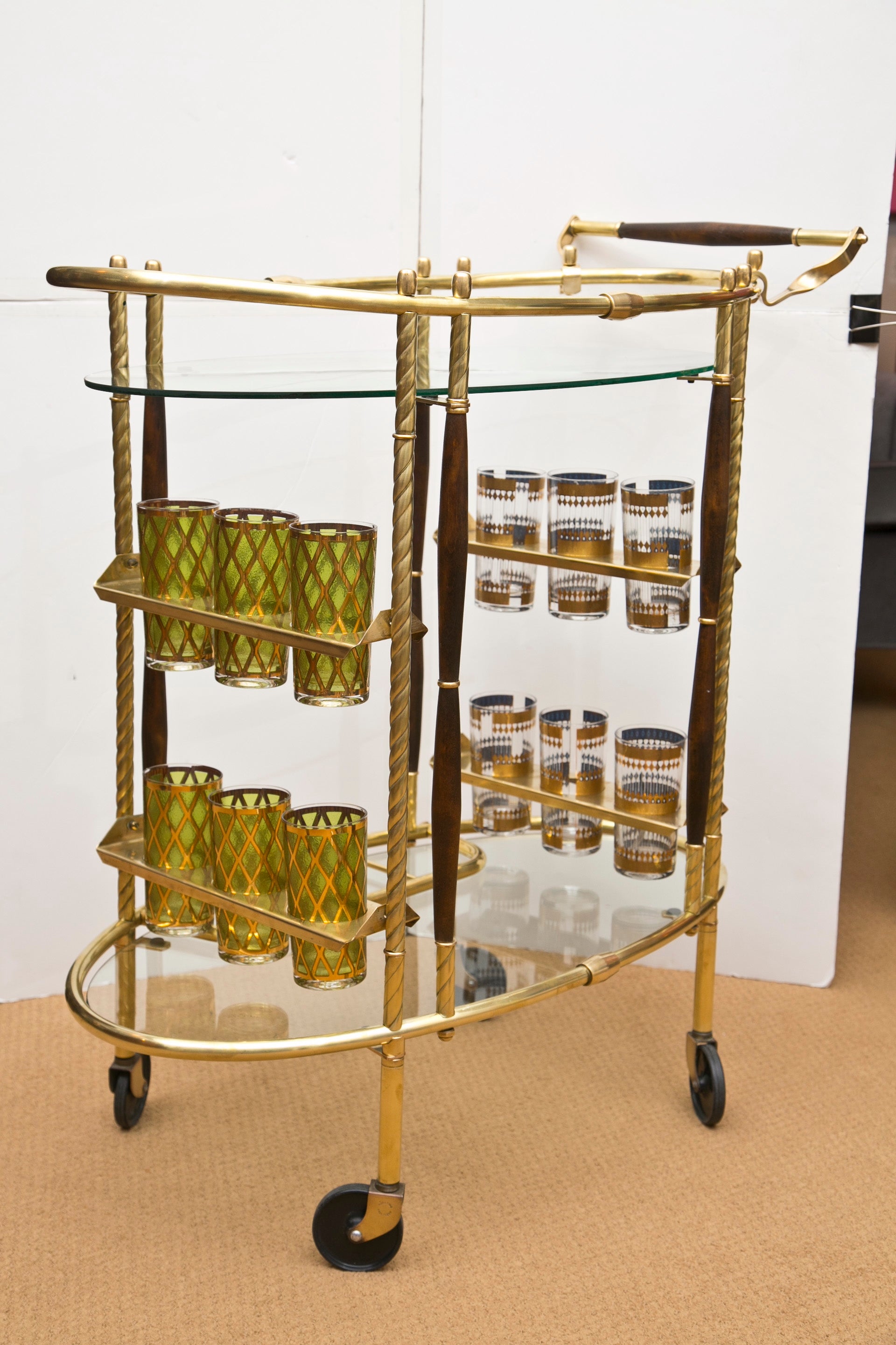 Mid-Century Oval Brass and Wood Bar Cart
