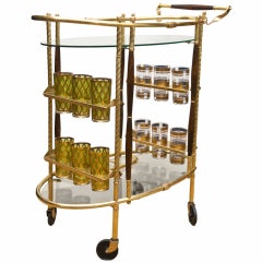 Mid-Century Oval Brass and Wood Bar Cart