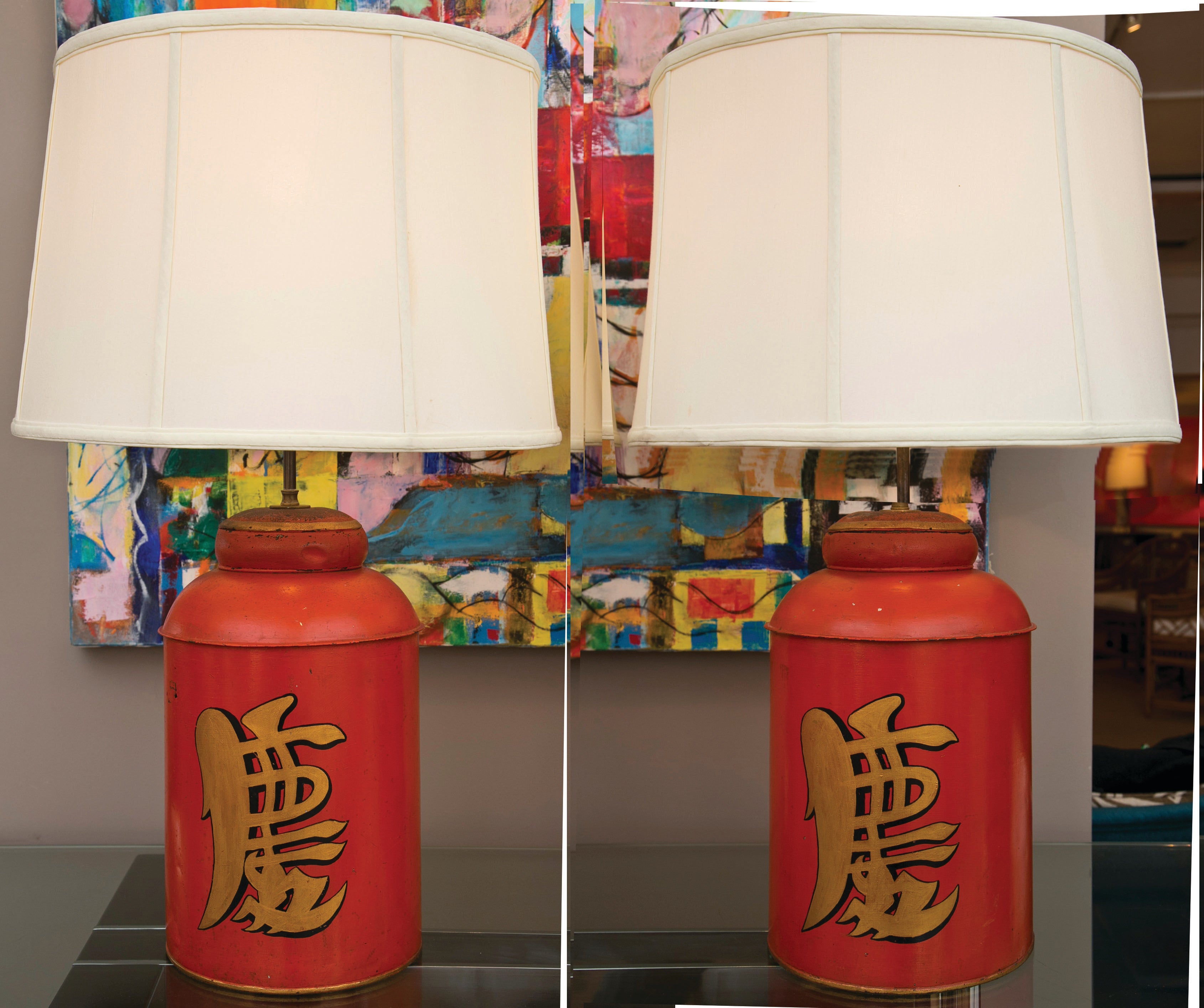 Pair 19th Century Asian Tea Tin Lamps