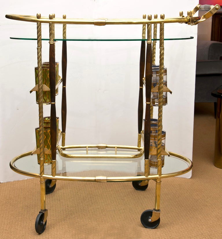 Mid-Century Oval Brass and Wood Bar Cart 4