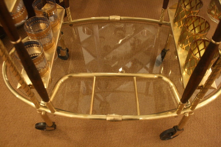 Mid-Century Oval Brass and Wood Bar Cart 3
