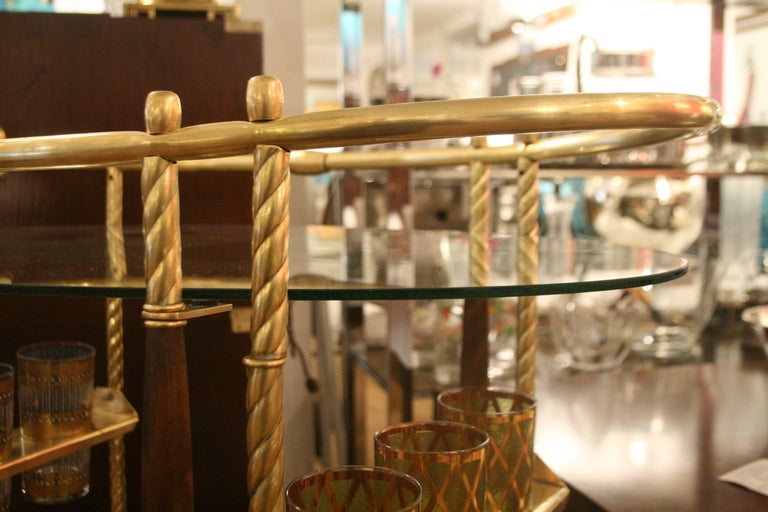 Mid-Century Oval Brass and Wood Bar Cart In Excellent Condition In Wilton, CT