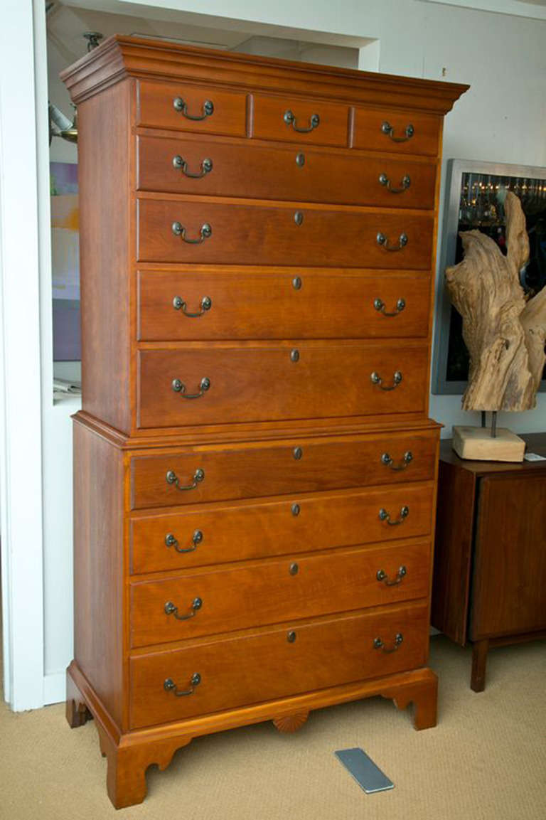 Very fine vintage Chest on Chest by Master furniture maker Eldred Wheeler. Outstanding attention to detail, fully dovetailed and chamfered drawers, authentic drop drawer pulls and excellent proportions. From one of America's great furniture makers.