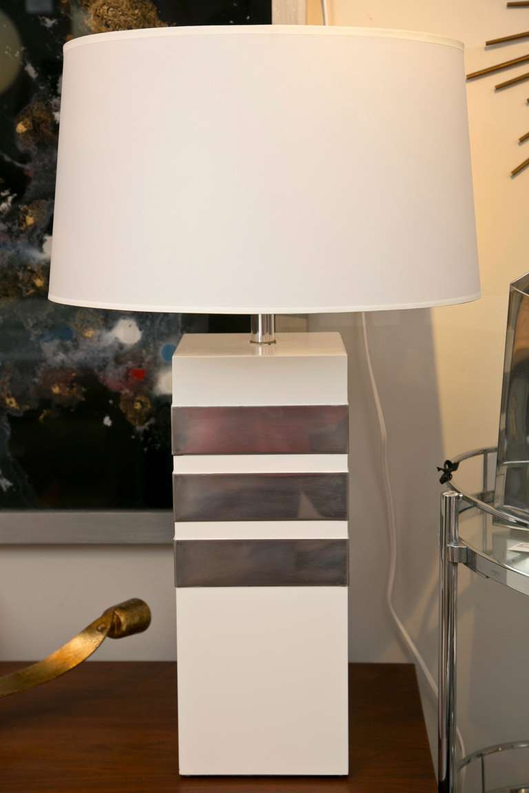 1970's over scale Cubic style table lamp with silver banding. In all original, excellent condition.