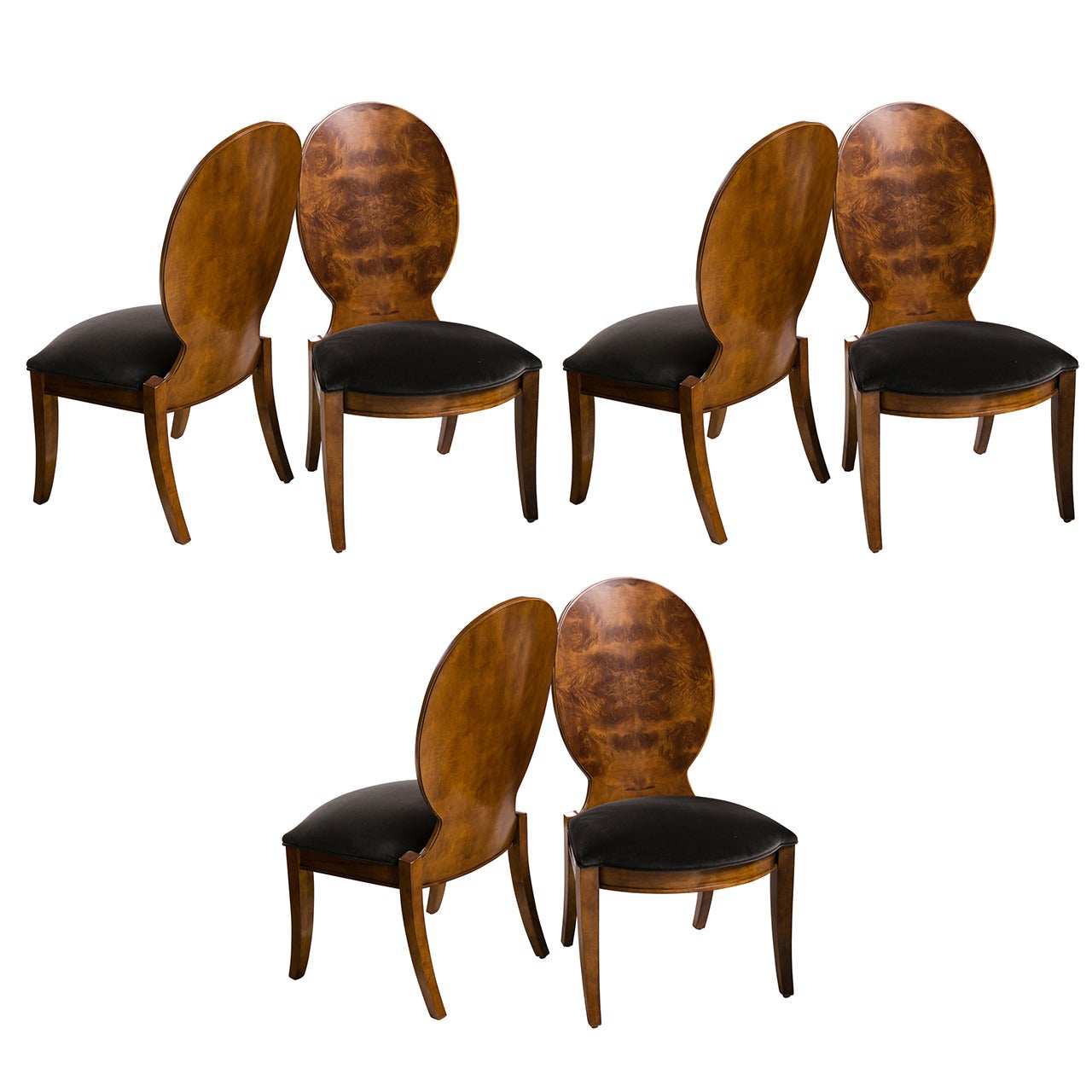 Finely Crafted Bookmatched, Burl Wood Set of Six Dining Chairs
