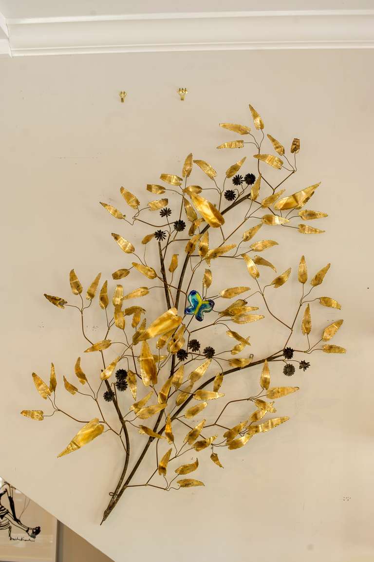 1960's Curtis Jere Branch wall sculpture. Brass leaves with a polychrome enameled butterfly.