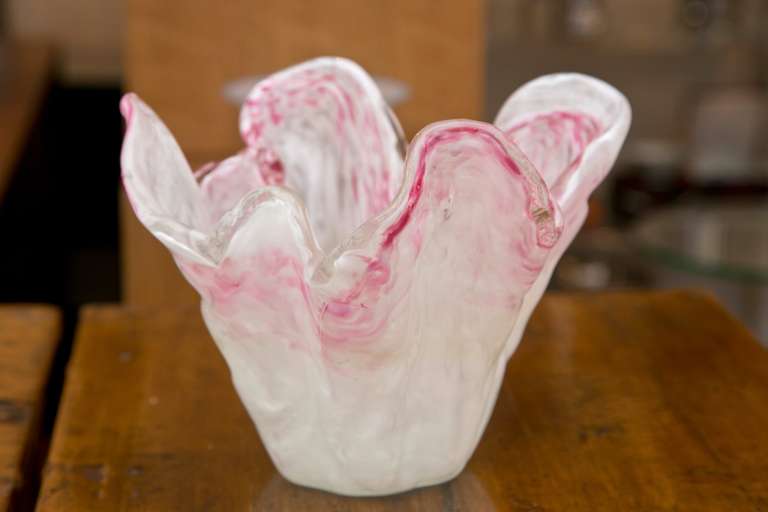 Iwata Glass, founded by Iwata Toshichi (1893-1980), and carried on by his descendants, produced this marvelous pink/white handkerchief style vessel in the 1970's.The vase has a thick, textured feel that is distinctive of Iwata productions of this