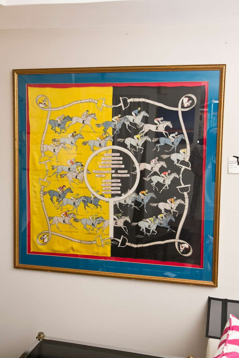 Vintage Hermes scarf with equestrian design, custom framed.