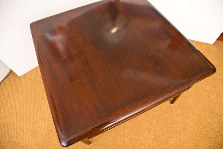 Great Pair of 1960's Lane banded walnut finish end tables with basket weave drawer fronts and brass ball accents. Labeled.