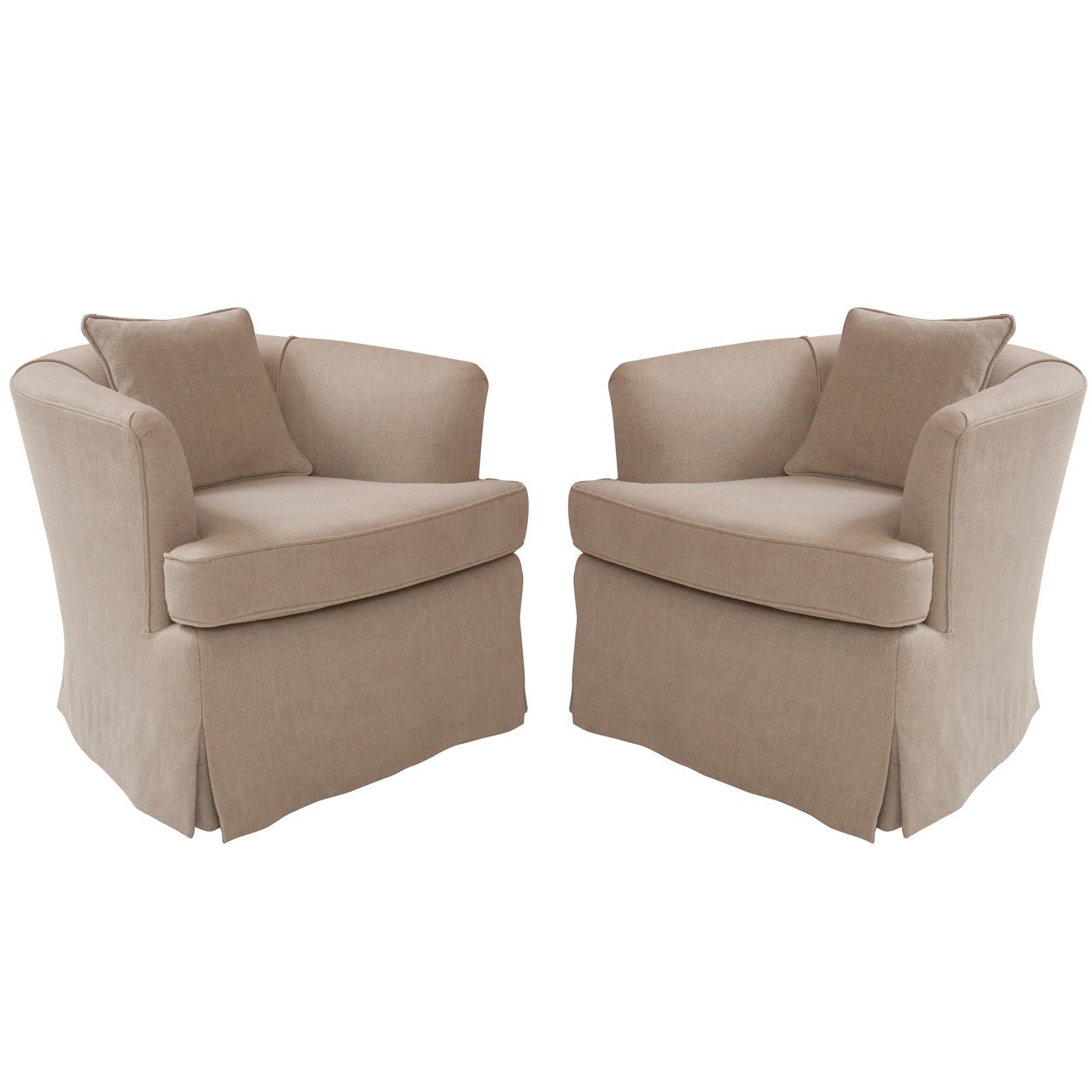 Pair of Custom Linen Mid-Century Swivel Club Chairs