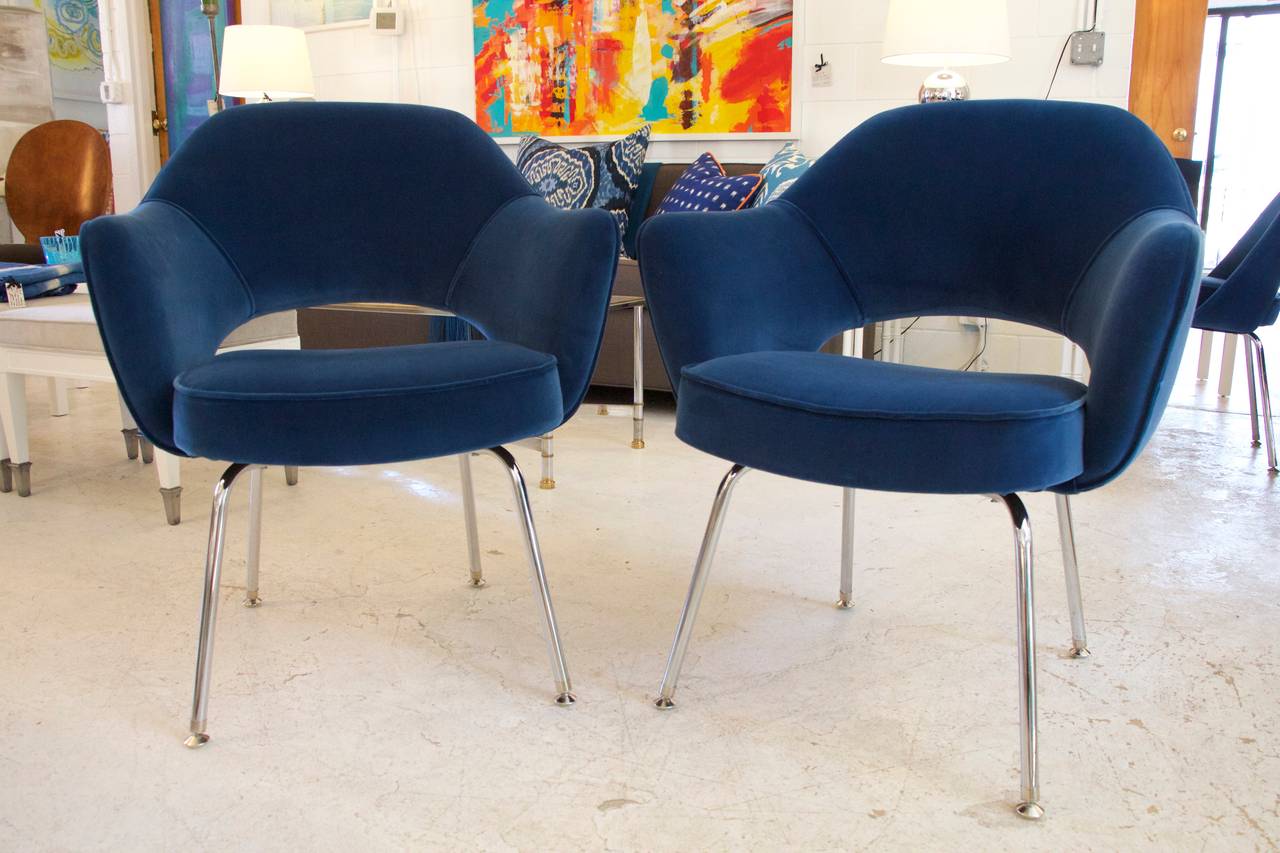 The Mid-Century classic Eero Saarinen Executive Armchair. Manufactured by Knoll Furniture and custom upholstered in a stunning Royal Blue Velvet. Priced as a pair, however custom set amounts are available. Please contact us and we would be happy to
