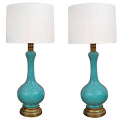 Mid Century Turquoise Ceramic Lamp Pair