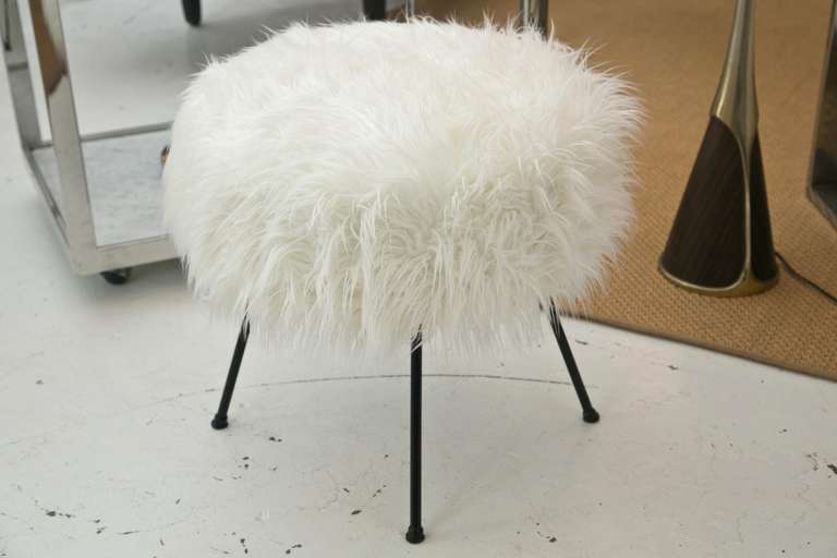 Mid Century Drum Ottoman in Faux-Mongolian Lamb's Wool