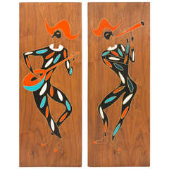 Midcentury Painted Musical Minstrel  Wall Panels