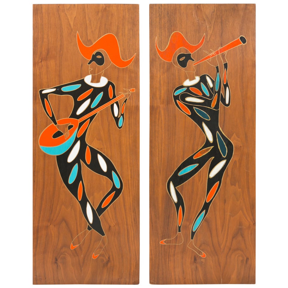 Midcentury Painted Musical Minstrel  Wall Panels