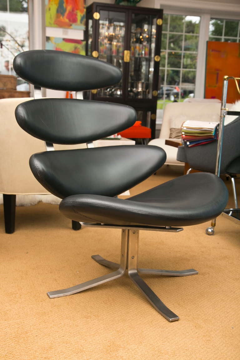 Mid-Century Modern Period 1960's Corona Lounge Chair in Black Leather