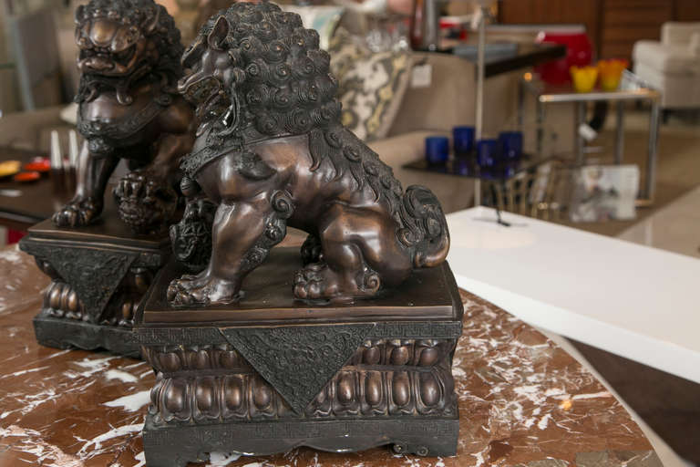 Tibetan Fine Antique Bronze Foo Lion/ Dog Pair