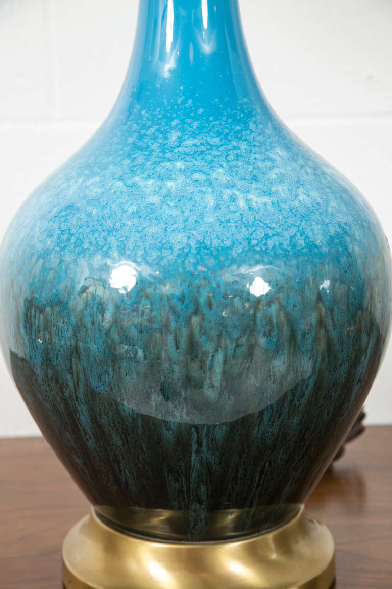 Pair of Midcentury Blue Ceramic Lamps In Excellent Condition In Wilton, CT