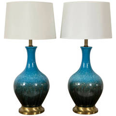 Pair of Midcentury Blue Ceramic Lamps