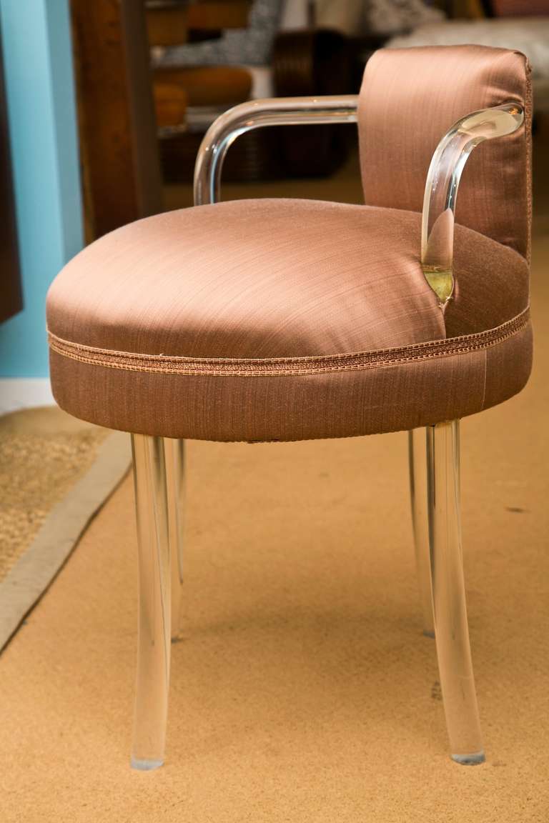 Near-Mint condition , early lucite swivel stool with custom Cocoa silk fabric treatment. Manufactured by the Reflectone Corporation, Swivels on iron under-stucture. Very well-made. Please call the shop to discuss Trade Pricing. (203)-349-5859. Visit