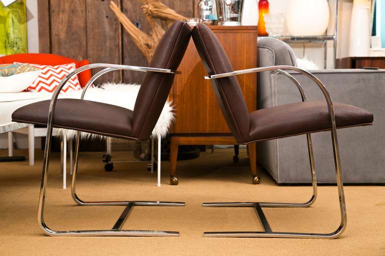 With heavy chrome frames and very comfortable, we have Custom Upholstered this Iconic style in a rich Chocolate Brown Leather. The chair backs are button-tufted as a simple, effective detail. Please call the shop to discuss Trade bPricing.