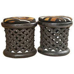 Pair of Cameroon Stool with Custom Tribal Pattern Fabric Cushions