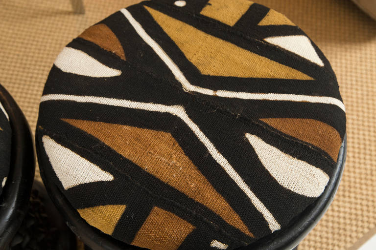 Mid-Century Modern Pair of Cameroon Stool with Custom Tribal Pattern Fabric Cushions