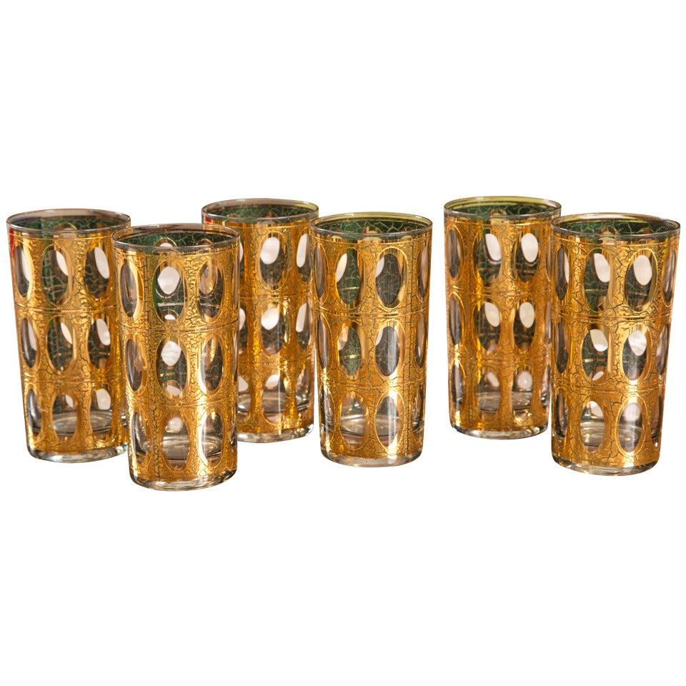 Mid-Century Set of Six Gold Foil High Ball Glasses