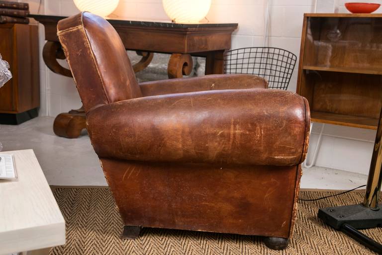 French Art Deco Leather Club Chair In Distressed Condition In Wilton, CT