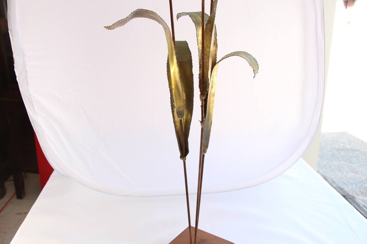 A wonderful table top accent sculpture for any room. Delicately fabricated three strands of cattails upon a solid wood base.