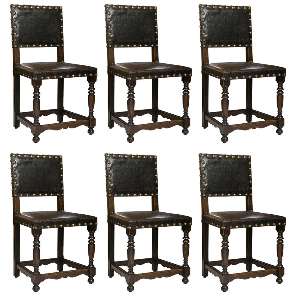 Set of Six Antique English Leather Dining Chairs
